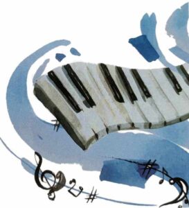 blue and black watercolour of keyboard and musical notes for 20th Century Hymns Event