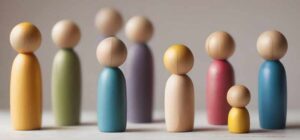 Group of 8 colourful peg figures, church community concept