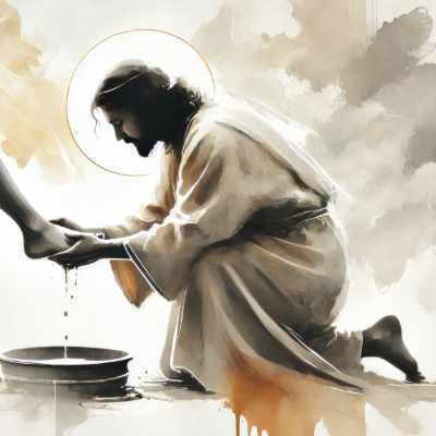 Christ kneeling and washing feet