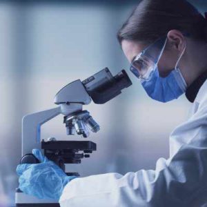 Woman scientist looking through microscope